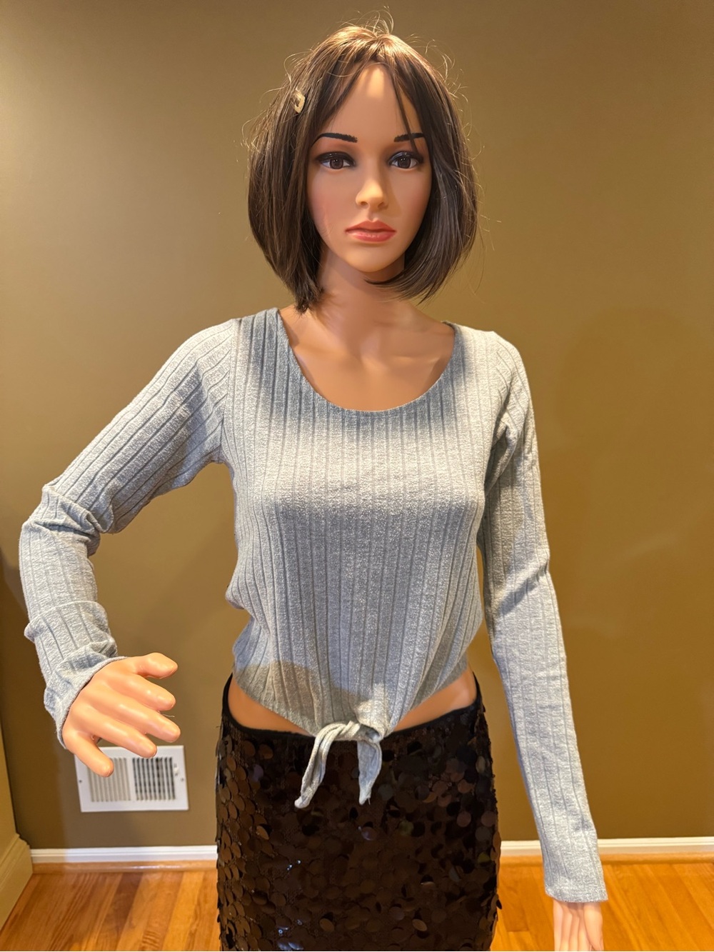 Volcom Light Gray Ribbed Tie-Front Long Sleeve Top